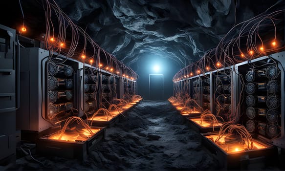 A long, dark, and dusty underground tunnel is filled with rows of server racks, lit with orange lights. The server racks are connected with a network of wires and cables, and there is a faint glow of light coming from the end of the tunnel.