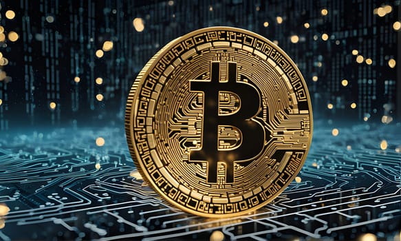 A gold Bitcoin coin rests on a circuit board background. Small, glowing, yellow circles are scattered throughout the image.