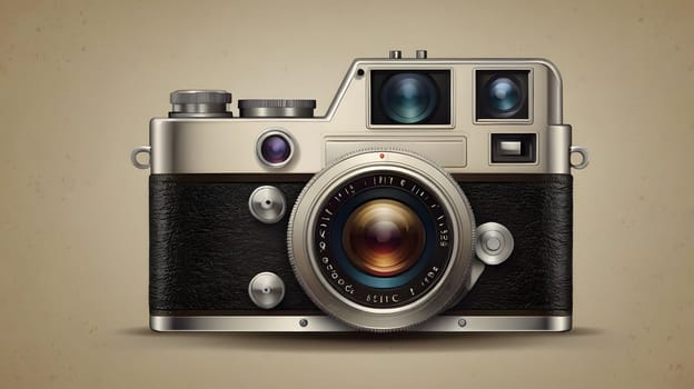 A vintage silver rangefinder camera with a black leather body sits on a beige background. The camera is in focus and the lens is visible.