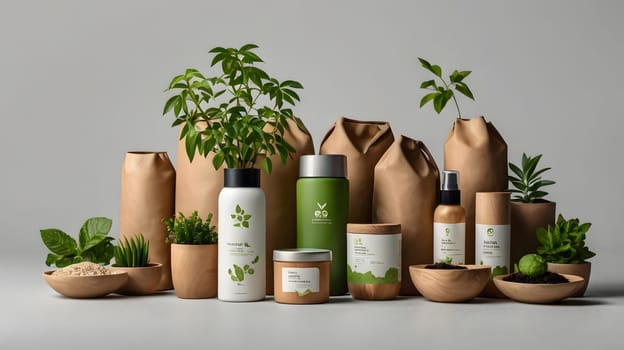 A collection of natural skincare products with minimalist packaging are displayed on a grey background. The products include a white bottle, a green bottle, a brown spray bottle, and a brown jar. The products are surrounded by greenery, including potted plants and small bowls with dirt and small plants.