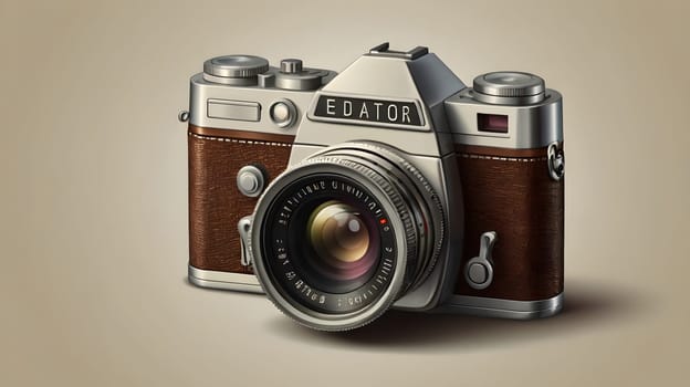 A close-up photograph of a vintage silver and brown camera with a leather finish. The camera has a large lens with a depth of field scale and a silver body with a leather trim. It appears to be a high-quality camera made for professionals or hobbyists.