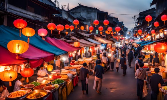 A bustling night market in Southeast Asia is lined with food stalls, selling a variety of dishes to hungry customers. The market is decorated with red lanterns, which add to the festive atmosphere. People are walking around, shopping and enjoying the food.