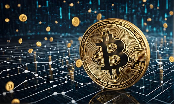 A large golden Bitcoin coin rests on a dark surface with a network of white lines and nodes. Smaller Bitcoin coins fall from the sky as the main coin sits prominently in the foreground.