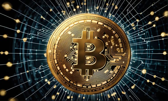 A close-up view of a single golden Bitcoin cryptocurrency coin with a detailed design on its surface. The coin is positioned against a dark background with radiating lines of code connecting to the edges of the coin. The design evokes the feeling of a digital network and symbolizes the interconnectedness of the digital economy.