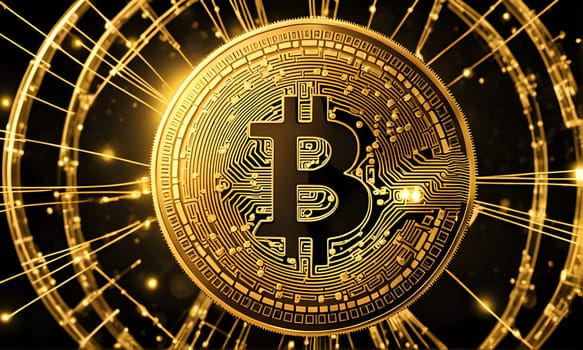 A close-up image of a gold Bitcoin coin with a circuit board design, surrounded by thin, interconnected lines radiating outward. The coin is a symbol of the digital currency Bitcoin, which is known for its decentralized nature and use of blockchain technology.