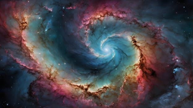 A vibrant, swirling galaxy is captured in this image, showcasing its multicolored nebulae and sparkling stars. The galaxy's spiral arms are visible in intricate detail, highlighting the complex beauty of deep space.