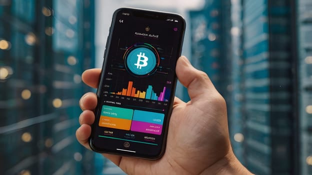 A hand holds a smartphone displaying a Bitcoin app with a graph showing the cryptocurrency's performance. The smartphone is held in front of a blurred background of office building windows.