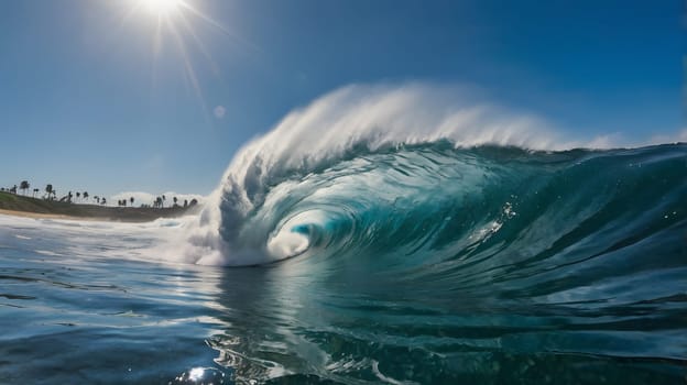 A powerful wave breaks perfectly, revealing a deep blue core, with sunlight streaming through the mist. Palm trees and a sandy shore are visible in the distance.