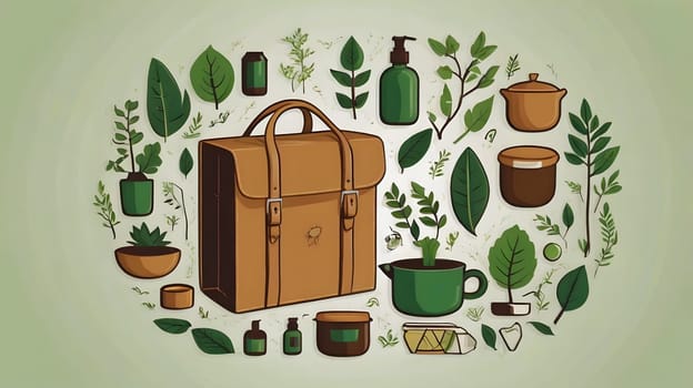 A brown leather travel bag is surrounded by a variety of green herbs and plants, including leaves, branches, and potted plants. There are also various other items, including a brown pot, a green cup, a bottle of liquid, and a jar of cream.