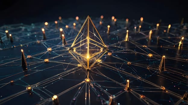 A glowing golden pyramid, the Ethereum symbol, rests at the center of a vast network of interconnected lines and nodes. It is illuminated from within, casting light onto the surrounding web of connections.