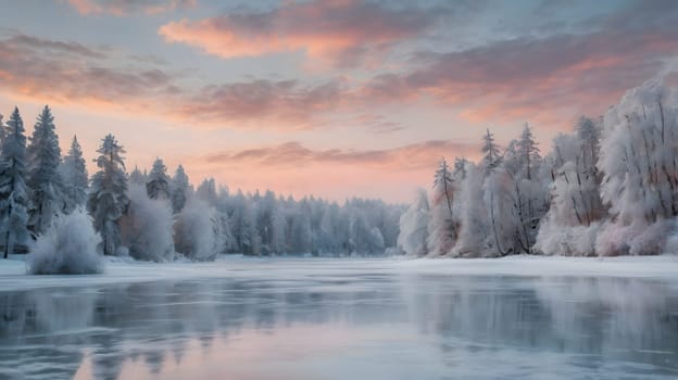 A snowy, frosted forest lines the shore of a still, frozen lake. The sky above is a pale blue canvas with wispy pink and grey clouds. The trees are bare, their branches heavy with snow, and their reflections are perfectly mirrored in the ice-covered water. The scene evokes a sense of serenity and quietude.