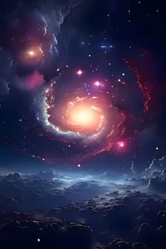 The image showcases a stunning view of a distant galaxy. The galaxy is a spiral shape and appears to be in the process of formation. The galaxy has a bright, white core surrounded by vibrant red, pink, and white colors. It is set against a dark blue background sprinkled with countless stars and a layer of white and blue clouds, suggesting a view from an unknown planet in another solar system.