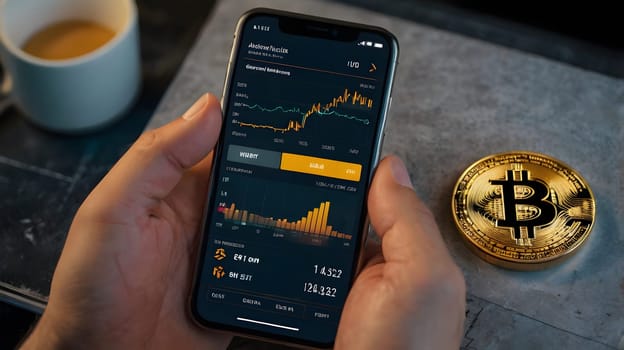 A person uses their smartphone to check their cryptocurrency portfolio, with a gold Bitcoin coin sitting on a table nearby. The screen of the smartphone displays a line graph with the cryptocurrency's price fluctuations over time.