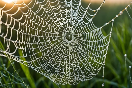A delicate spider web, glistening with morning dew, hangs suspended in the sunlight. The intricate web, with its radial design, forms a natural masterpiece, catching the light and reflecting the surrounding greenery.