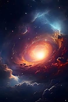 A swirling nebula emits a radiant orange glow, surrounded by cosmic clouds and a starry expanse.