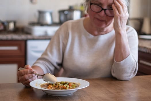 woman with no food appetite. anorexia symptoms, food poisoning, choking hazard, health care concept.