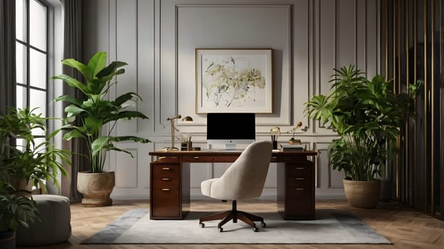 A modern home office with a large wooden desk and a comfortable white office chair. There are two large houseplants in the room, one next to the desk and one in the corner of the room. There is a computer on the desk and artwork hanging on the wall. The floor is made of wood planks.