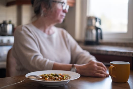 woman with no food appetite. anorexia symptoms, food poisoning, choking hazard, health care concept.
