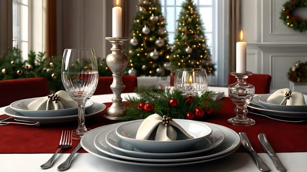 A formal Christmas dinner table setting features a white tablecloth with red runners, white plates, and silver cutlery. A folded white napkin sits atop each plate, adorned with a small gold ornament. Two lit candles, one in a silver candlestick and one in a crystal candlestick, are placed on the table. Two decorated Christmas trees are visible in the background, along with other festive décor.