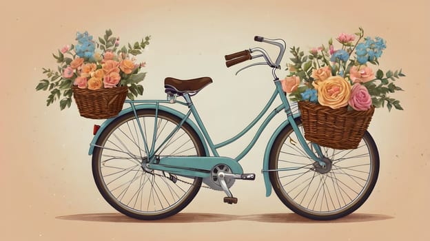A vintage bicycle with two wicker baskets overflowing with colorful flowers is shown against a warm, sunny background. The bicycle is painted in a calming blue, and the flowers in the baskets are vibrant and full of life, adding a touch of whimsy and romanticism to the image.
