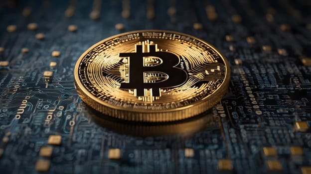 A single Bitcoin coin rests on a circuit board, its golden surface and intricate design highlighted in a close-up view. The background is a blurred image of the board's circuitry.