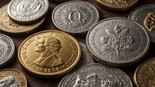A collection of gold and silver coins are scattered across a wooden surface. The coins appear to be commemorative in nature, with different designs and engravings visible on their surfaces. A gold coin featuring a portrait is prominently positioned in the foreground.