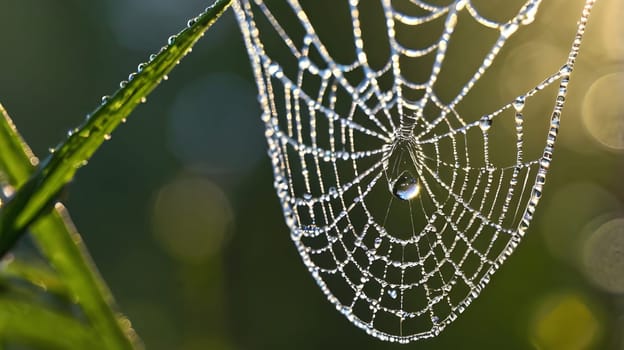 A spiderweb, glistening with morning dew, hangs from a blade of grass. The delicate strands of the web are visible, each holding a tiny droplet of water. The sun shines through the web, casting a soft glow on the droplets.