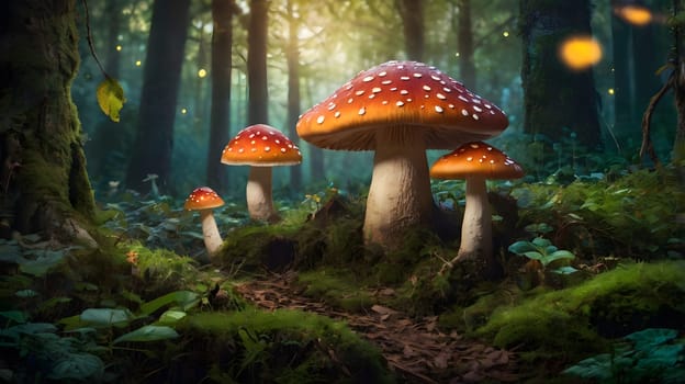 A group of large, red-and-white mushrooms grow in the middle of a forest, with moss and green foliage surrounding them. Sunlight streams through the trees in the background, creating a magical atmosphere.