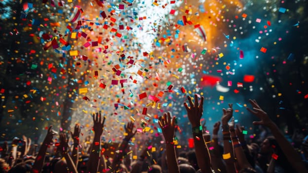A lively crowd of people at a concert, with confetti raining down from above, enjoying the music and atmosphere.