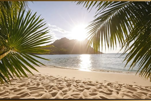 This stunning image captures the essence of a tropical paradise, featuring a pristine beach with soft white sand, clear blue waters, and lush palm trees swaying in the gentle breeze. The bright sun casts long shadows, adding to the serene and inviting atmosphere.