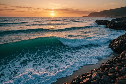 This captivating image showcases a tranquil scene of an ocean sunset. The warm, golden glow of the setting sun casts a serene ambiance over the water and the shoreline.