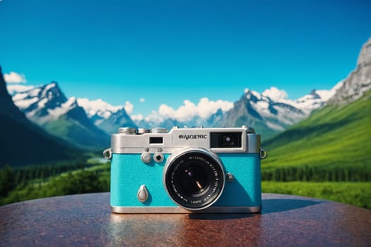 Transport yourself to a bygone era with this charming image of a vintage camera amidst a backdrop of majestic mountains.