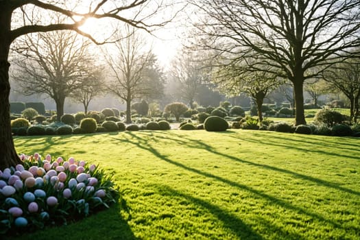 Celebrate the joy of spring in this idyllic garden setting, where the sun filters through the branches of embracing trees, casting light on neatly trimmed grass and spherical bushes, all while colorful Easter eggs invite you to a delightful egg hunt.