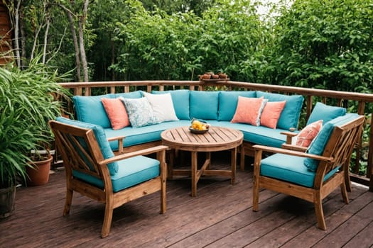 This contemporary garden oasis offers a relaxing atmosphere with stylish patio furniture and vibrant green cushions, set against a backdrop of rich foliage, potted plants, and the calm of a secluded wooden deck.