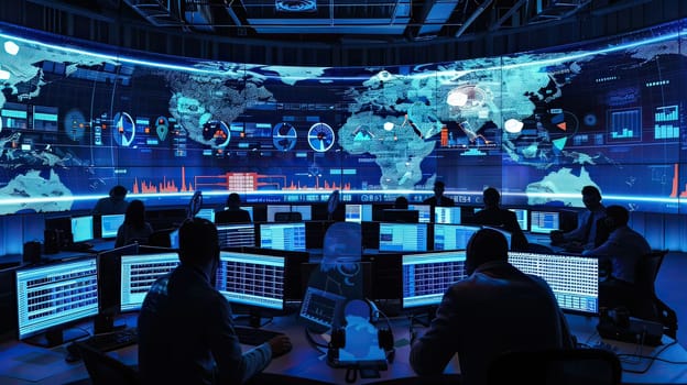 A team of cybersecurity professionals work at their computers in a dark room, monitoring data on a large screen displaying a world map and other information.