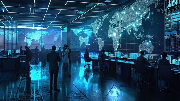 A modern cybersecurity operations center at night, with workers monitoring computer screens displaying data visualizations. A large screen shows a digital world map with interconnected data points