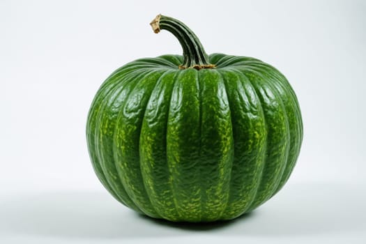 A single green pumpkin with a prominent stem, isolated on a white background, perfect for autumn and harvest themes.