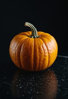 A single orange pumpkin with a prominent stem, set against a dark background for a dramatic effect.