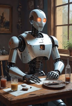 An advanced robot with mechanical details is shown in a cozy room, sitting at a table with flowers and a drink.