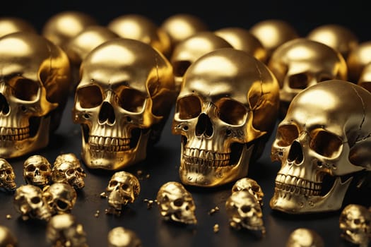 A collection of polished gold skulls is showcased, highlighting their reflective surfaces and intricate details.
