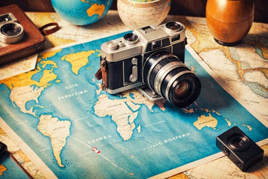 A retro camera is displayed on a detailed map, highlighting the themes of exploration and capturing memories.