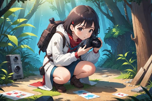 Amidst a lush, green forest, a young adventurer prepares to take photographs, with a camera and cards on the ground.