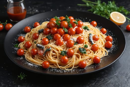 A plate of delicious spaghetti topped with fresh cherry tomatoes, parmesan cheese, and basil leaves.