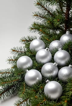 A cluster of silver Christmas ornaments, both glossy and sparkly, rest amongst the lush green branches of a fir tree. The ornaments, arranged in a casual and festive manner, evoke the spirit of the holiday season.