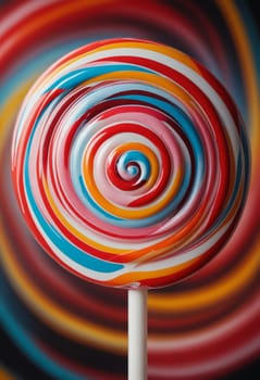 A close-up shot of a red, white, yellow, and blue lollipop against a backdrop of colorful stripes. The lollipops swirling design and bright colors create a visually appealing and playful image.