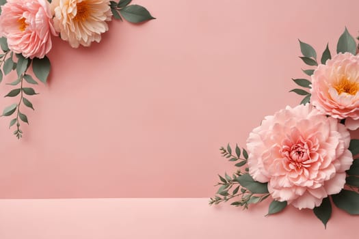 A close-up shot of a delicate arrangement of pink flowers, including roses, daisies, and other blossoms, set against a soft blush background. The flowers are arranged in a corner of the frame, leaving plenty of space for text or other design elements.