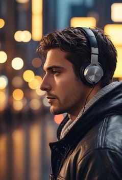 A young man, wearing a black leather jacket and headphones, stands in an urban setting. He is looking off into the distance, lost in thought, as the city lights create a soft, warm glow around him. The image captures a sense of solitude and contemplation.