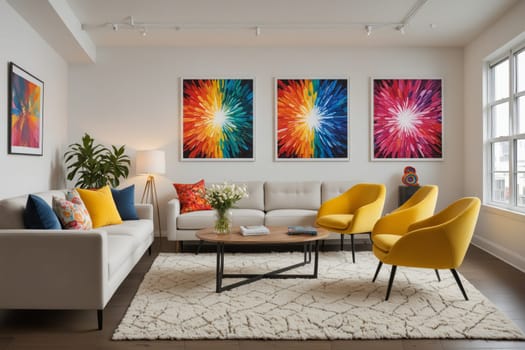This image shows a modern living room with a white sofa and a geometric glass coffee table. The room is decorated with a large abstract canvas artwork featuring a swirling color palette of red, orange, yellow, green, blue, and purple. The artwork is a focal point of the room, adding a touch of color and vibrancy to the space.