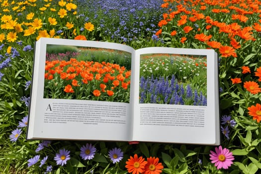 A book lies open on a bed of vibrant summer flowers, its pages showcasing a colorful garden scene. The bright colors of the blooms surrounding the book create a beautiful and inviting setting for reading or simply enjoying the outdoors.