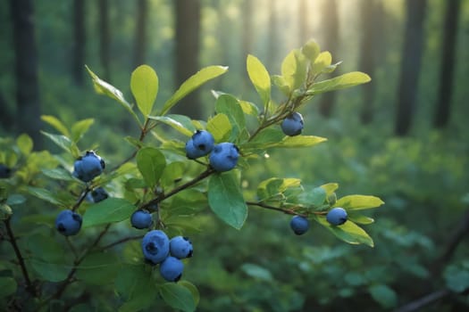 A close-up shot of a blueberry bush branch laden with ripe blueberries, bathed in the warm, golden light of the rising sun. The image captures the beauty of natures bounty, with the vibrant blue berries contrasting against the green leaves and the soft, hazy backdrop of a forest.